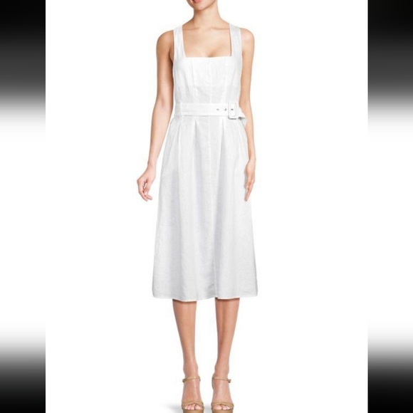 New!Saks Fifth AvenueWomen’s Squareneck Belted 100% Linen Midi Dress - Picture 8 of 9